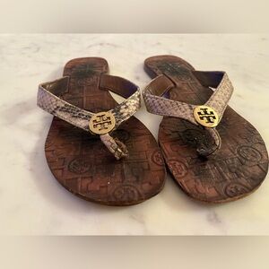 Tory Burch Snakeskin and Brown Flip Flops